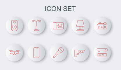 Poster - set line multimedia and tv box, drone flying, photo camera, security, stereo speaker, street light, 