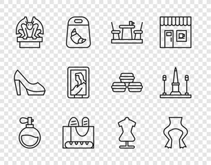 Sticker - Set line Perfume, Frog legs, French cafe, baguette bread, Gargoyle on pedestal, Portrait in museum, Mannequin and Place De La Concorde icon. Vector