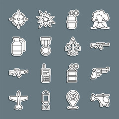 Poster - Set line Helicopter, Pistol or gun, Submachine, Hand grenade, Military reward medal, Target sport and Jet fighter icon. Vector