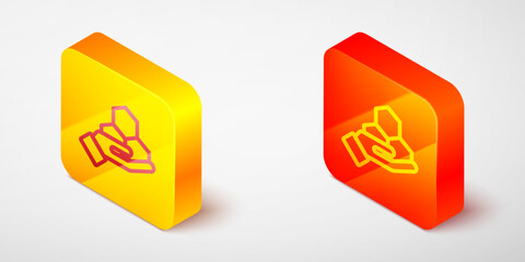 Sticker - Isometric line Honeycomb and hand icon isolated on grey background. Honey cells symbol. Sweet natural food. Yellow and orange square button. Vector