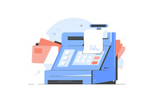 Cash Register At The Workplace In Supermarket, Shop. Concept Using Modern Technology At Workspace. Icon For Cashier Employee In Store. Using Electronic Payment By Card With Check. Vector Illustration