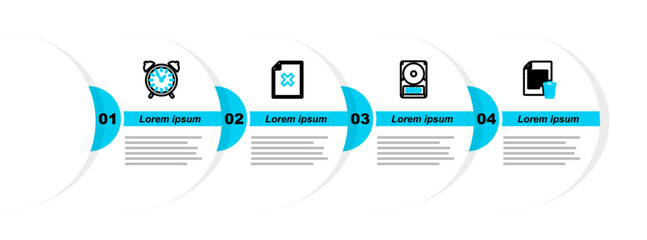 Poster - Set line Delete file document, Hard disk drive HDD, and Alarm clock icon. Vector