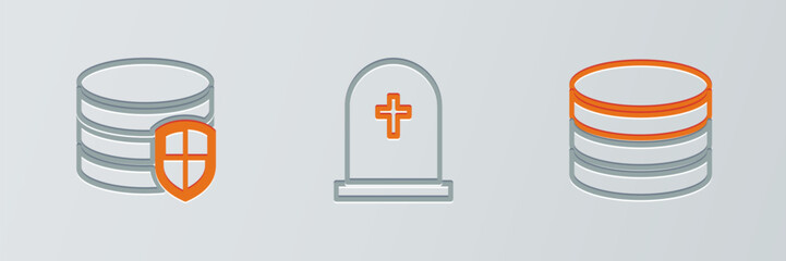 Poster - set line database, protection and tombstone with cross icon. vector