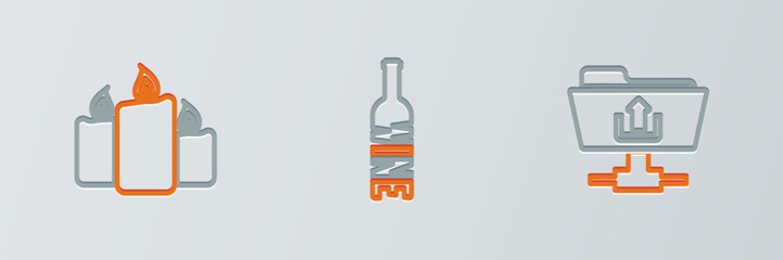 Poster - Set line FTP folder upload, Burning candles and Bottle of wine icon. Vector