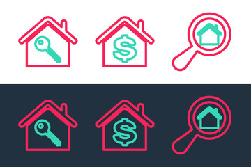 Wall Mural - Set line Search house, House with key and dollar icon. Vector