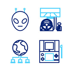 Poster - Set line Portable video game console, Computer network, Racing simulator cockpit and Alien icon. Vector