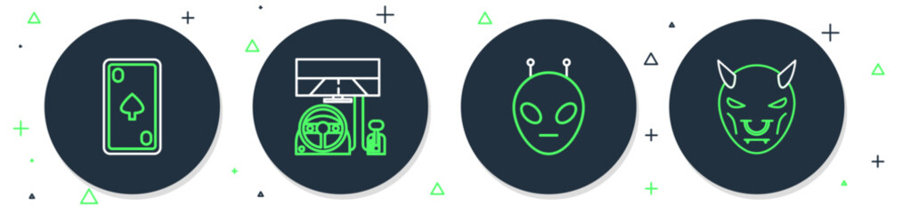 Poster - set line racing simulator cockpit, alien, playing card with diamonds and mask of the devil horns ico