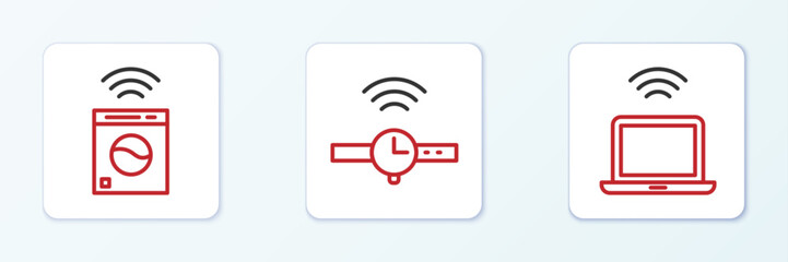 Poster - Set line Wireless laptop, Smart washer and Smartwatch icon. Vector