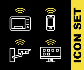 Poster - set line wireless smartphone, smart tv system, security camera and microwave oven icon. vector