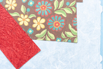 Sticker - retro decorative scrapbooking paper florals, red crafting paper, and tissue paper with torn edge element background