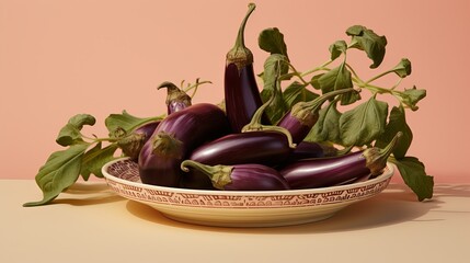 Fresh eggplants on a plate with a beige background.