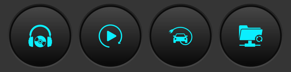 Sticker - Set Headphones and CD or DVD, Video play button, Electric car and FTP sync refresh icon. Vector