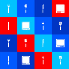 Sticker - Set Fork, Spatula, Bread knife and Electronic scales icon. Vector