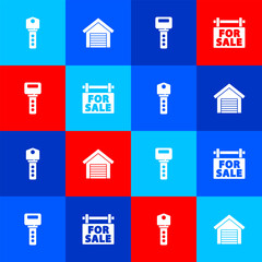 Canvas Print - Set House key, Garage, and Hanging sign with For Sale icon. Vector