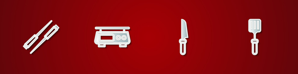 Sticker - Set Food chopsticks, Electronic scales, Knife and Barbecue spatula icon. Vector