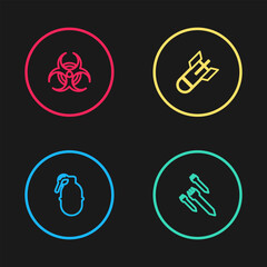 Poster - Set line Hand grenade, Rocket, Aviation bomb and Biohazard symbol icon. Vector