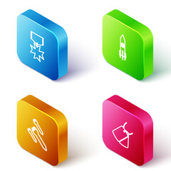 Poster - Set Isometric line Military reward medal, Nuclear rocket, Rocket and dog tags icon. Vector