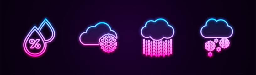 Poster - set line water drop percentage, cloud with snow, rain and . glowing neon icon. vector