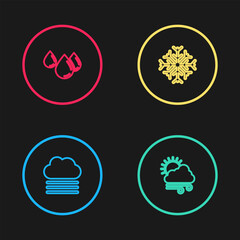 Sticker - Set line Fog and cloud, Windy weather, Snowflake and Water drop icon. Vector