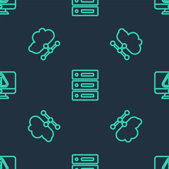 Poster - Set line Server, Data, Web Hosting, Network cloud connection and Monitor with exclamation mark on seamless pattern. Vector