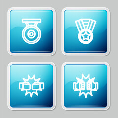 Sticker - Set line Gong, Medal, Punch in boxing gloves and icon. Vector