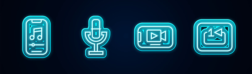 Poster - Set line Music player, Microphone, Online video and Repeat track music. Glowing neon icon. Vector