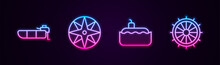 Set Line Inflatable Boat With Motor, Wind Rose, Submarine And Ship Steering Wheel. Glowing Neon Icon. Vector