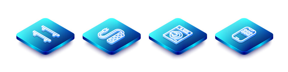Poster - Set Isometric line Empty wooden shelves, Electric extension, Washer and Mobile Apps icon. Vector