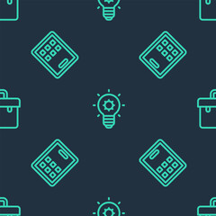 Wall Mural - Set line Light bulb, Graphic tablet and Briefcase on seamless pattern. Vector