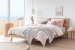 © Interior Design - Scandinavian style interior design of modern bedroom. Bed with pink pillows and woven blanket