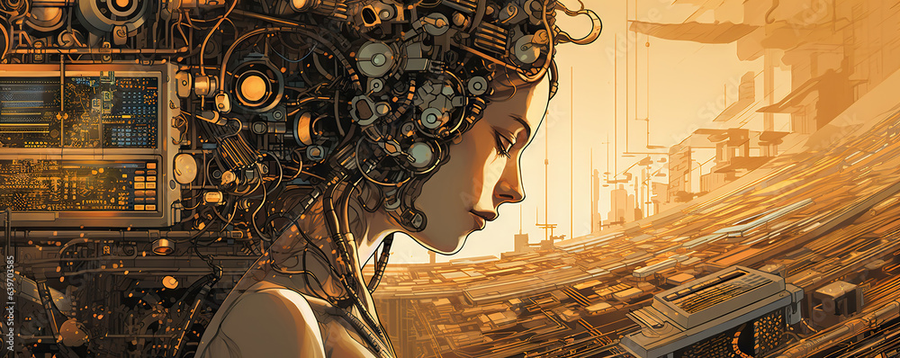 Computer Tf Human Young female humanoid head is connected to a super computer ...