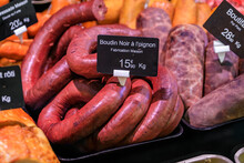 Fresh Boudin Noir Blood Sausage With Onion For Sale At A French Butcher Shop At A Farmers Market In Menton Old Town, French Riviera, South Of France