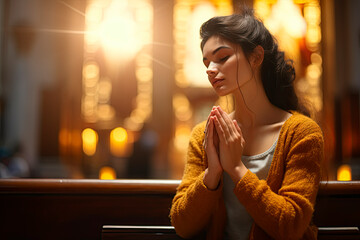 Christian woman is praying with hands crossed in church. Christianity and religious symbol. Belief in Jesus Christ
