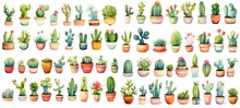Watercolor Cactus And Succulent Pot Plant Set In Cute Cartoon Style Isolated On White Background, Children Art Style Design, Generative Ai