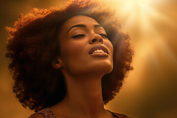 Wall Mural - stylish african american girl is standing with flying hair from wind at sunset and looking up