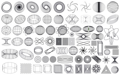 3d Retro futuristic. Black trip elements on the white background. Acid rave concept. Trippy vibe shapes, abstract forms in vaporwave 80s and 90s. Collection of strange wireframes vector geometric.