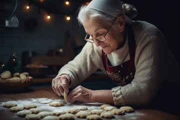 Wall Mural - Senior woman preparing cookies at home. Generative AI