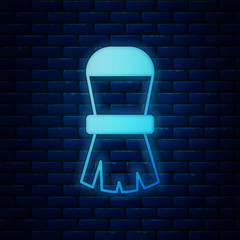 Poster - Glowing neon Shaving brush icon isolated on brick wall background. Barbershop symbol. Vector