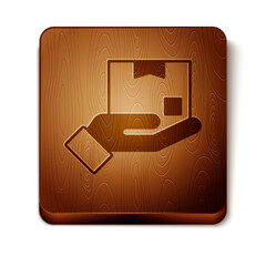 Poster - Brown Delivery hand with cardboard boxes icon isolated on white background. Door to door delivery by courier. Wooden square button. Vector