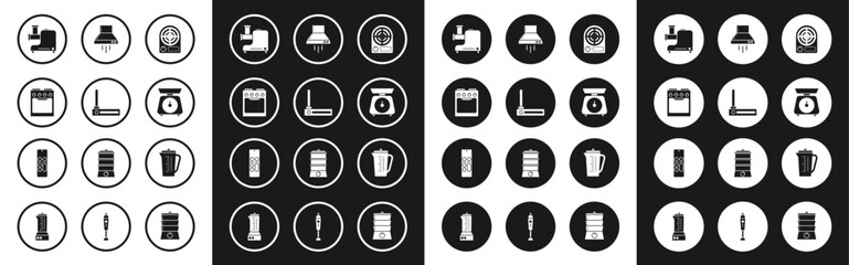 Poster - Set Electric heater, Router and wi-fi signal, Oven, Kitchen meat grinder, Scales, extractor fan, Measuring cup and Remote control icon. Vector