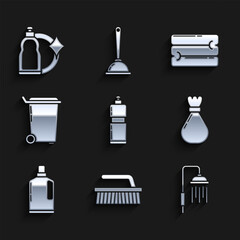 Sticker - Set Plastic bottles for liquid dishwashing liquid, Brush cleaning, Shower head with water drops flowing, Garbage bag, Trash can, Towel stack and icon. Vector