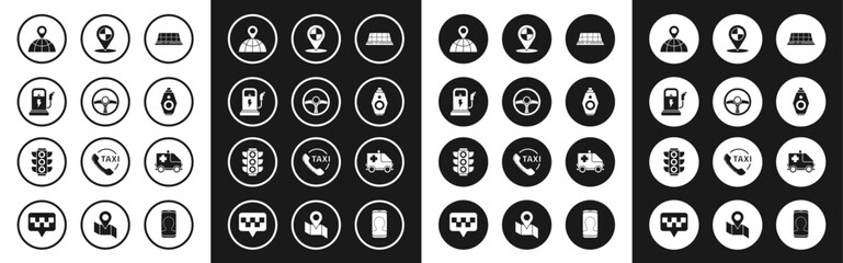 Sticker - Set Taxi car roof, Steering wheel, Electric charging station, Location the globe, Car key with remote, Map pointer taxi, Ambulance and emergency and Traffic light icon. Vector