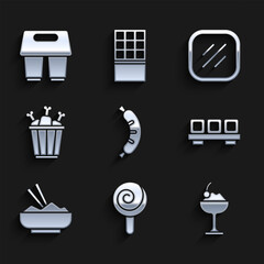 Poster - Set Hotdog, Lollipop, Ice cream in bowl, Sushi on cutting board, Rice with chopstick, Chicken leg package box, Steak meat and Coffee cup to go icon. Vector