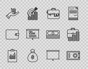 Wall Mural - Set line Clipboard with graph chart, Safe, Briefcase and money, Money bag, hand, Board resume, Chalkboard and coin icon. Vector