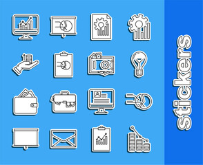 Wall Mural - Set line Pie chart infographic and coin, Light bulb with concept of idea, Document, Clipboard, Money hand, Computer monitor and Safe money icon. Vector