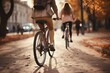 Two young women riding a bicycles through the city on an autumn day. Generative Ai
