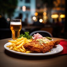 A Schnitzel With A Portion Of French Fries And A Drink Blurred Restaurant In The Background
