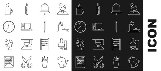 Sticker - Set line Ringing alarm bell, Test tube and flask chemical laboratory test, Microscope, Computer monitor with keyboard mouse, Clock, Coffee cup and Pencil eraser icon. Vector