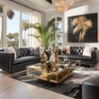 Hollywood glam style interior design of modern living room with black sofas and golden accent tables.