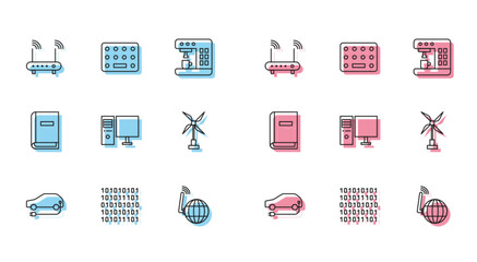 Poster - Set line Electric car, Binary code, Router and wi-fi signal, Social network, Computer monitor, Wind turbine, User manual and Pills blister pack icon. Vector